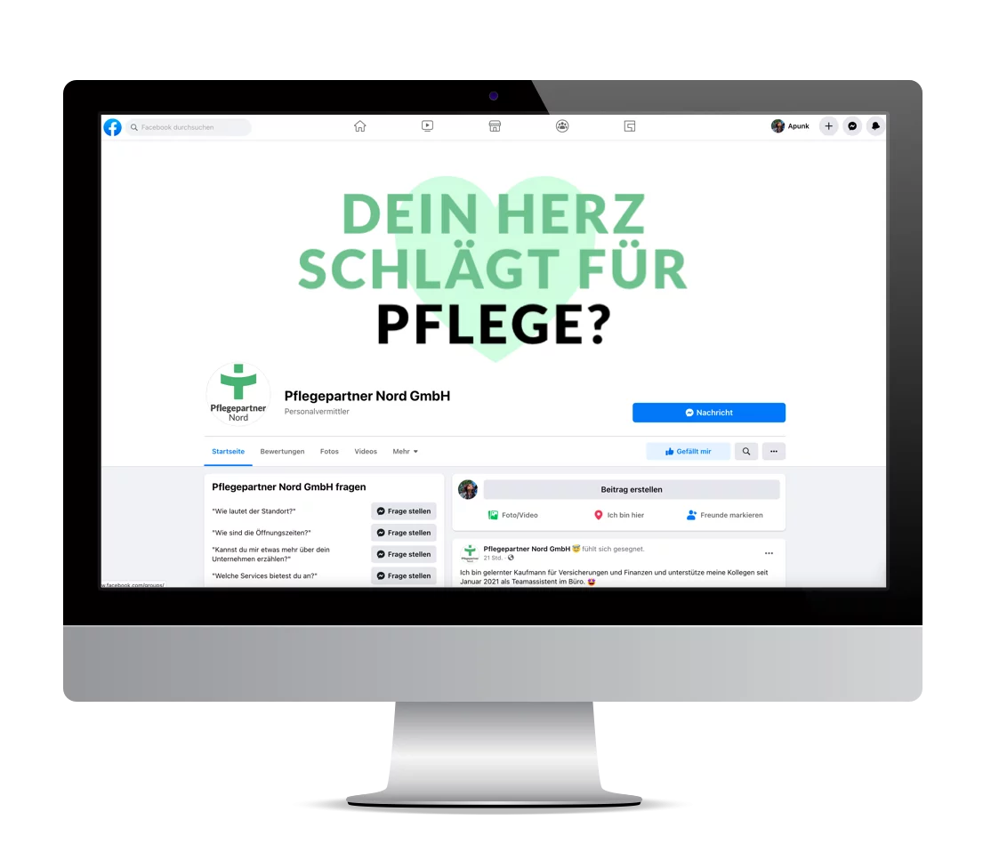 Startscreen der Pflegepartner Nord Social Media als responsive Darstellung auf dem Desktop