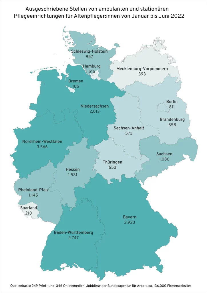 Ausgeschriebene Stellen von ambulanten und stationären Pflegeeinrichtungen für Altenpfleger:innen von Januar bis Juni 2022 in den deutschen Bundesländern