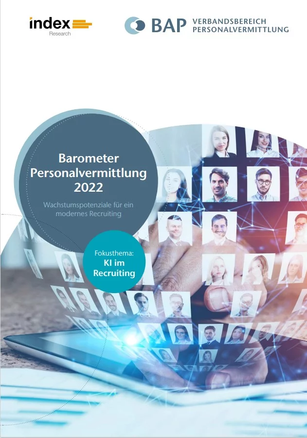 Cover der Studie "Barometer Personalvermittlung 2022" mit index-Logo und BAP Logo ganz oben und darunter ein Bild mit zwei Kreisen und einer virtuellen Kugel über einem Laptop