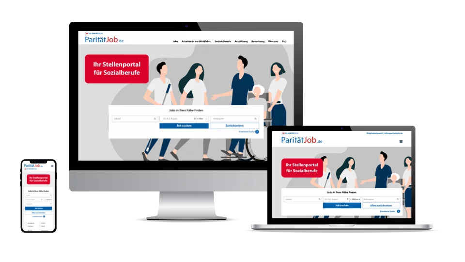Screens, auf denen die Startseite des Karriereportals ParitätJob.de zu sehen ist
