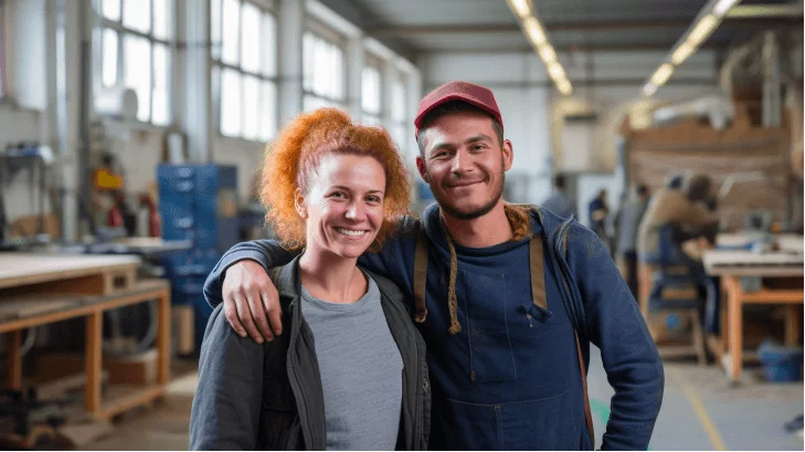 Zwei Personen stehen in einer Werkstatt und schauen lächelnd in die Kamera