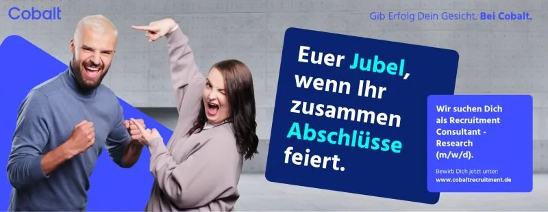 Zwei junge Menschen jubeln – Anzeigenmotiv „Erfolgsgesichter“ für Cobalt.