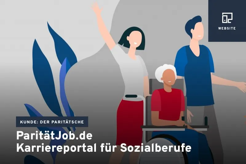 Illustration mit Figuren – Teaserbild für „ParitätJob.de“, das Karriereportal für Sozialberufe.
