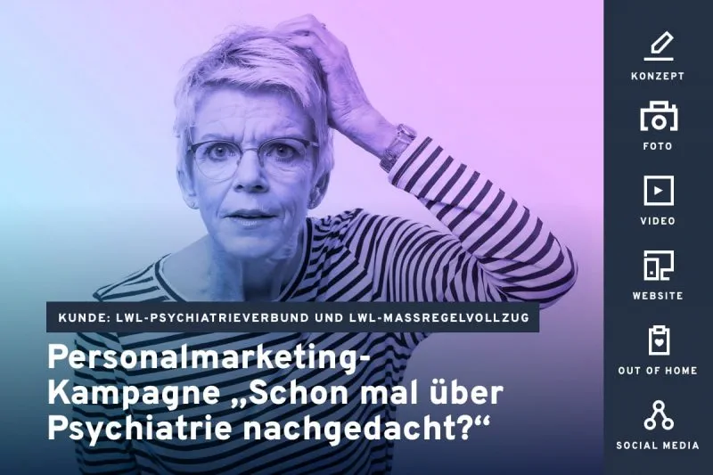 Frau mit fragendem Blick hält sich den Kopf – Teaserbild zur Kampagne „Schon mal über Psychiatrie nachgedacht?“ für LWL.