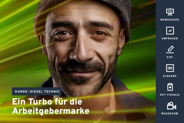 Ein Porträt eines lächelnden Mannes, begleitet von dem Text Ein Turbo für die Arbeitgebermarke. Auf der rechten Seite sind Begriffe wie Workshops, Umfragen, EVP, Slogans, Key Visuals und Roadshow gelistet, die die Unterstützung durch HR-Consulting im Bereich Employer Branding hervorheben.