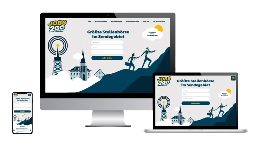 Startscreen des Karriereportals von jobs2go.de als responsive Darstellung auf dem Handy Laptop und Desktop