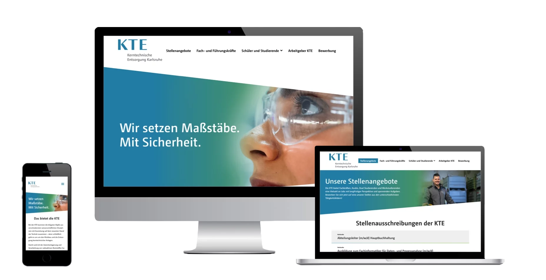Startscreen des Karriereportals von KTE als responsive Darstellung auf dem Handy Laptop und Desktop