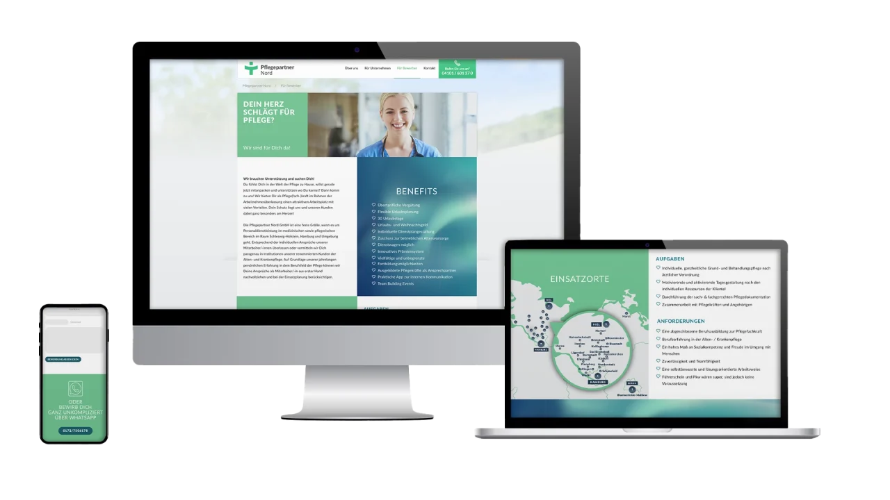 Startscreen des Karriereportals von Pflegepartner Nord als responsive Darstellung auf dem Handy Laptop und Desktop
