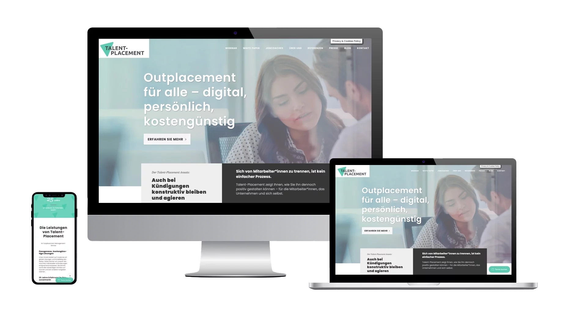 Startscreen des Karriereportals vom Talent Placement als responsive Darstellung auf dem Handy Laptop und Desktop