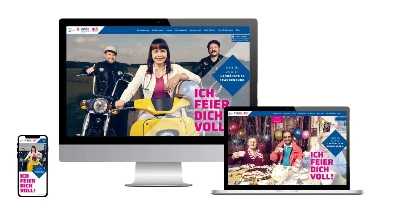 Darstellung des Screendesigns vom KVBB als responsive Darstellung auf dem Handy Laptop und Desktop