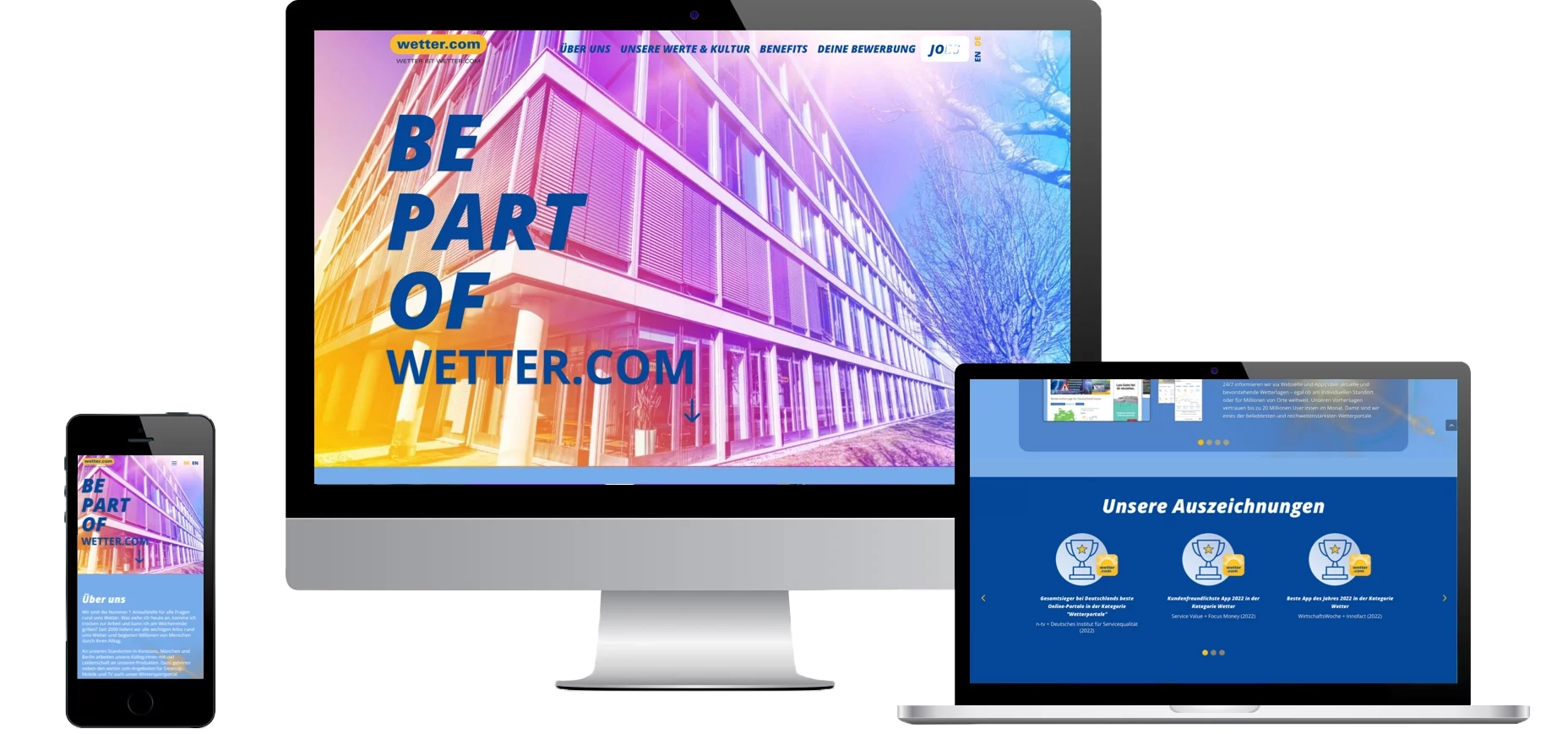 Startscreen des Karriereportals von "Be part of wetter.com" als responsive Darstellung auf dem Handy Laptop und Desktop