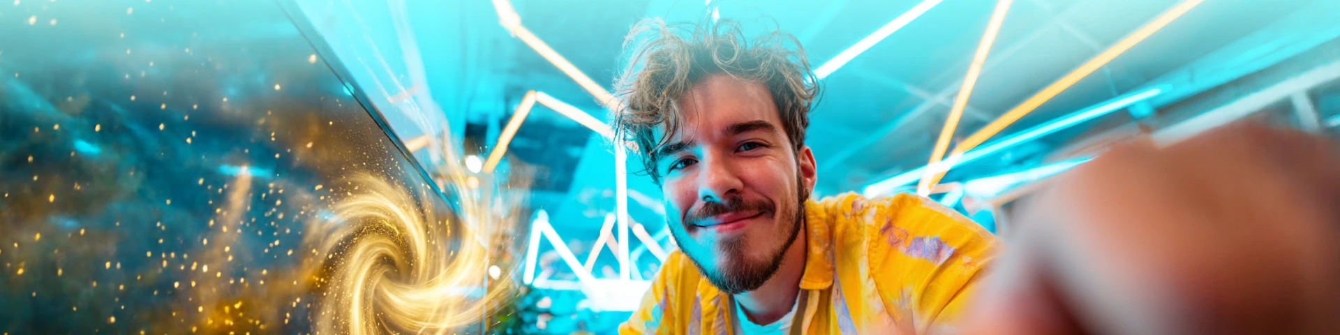 Lächelnder junger Mann mit lockigem Haar und gelbem Hemd macht ein Selfie vor einem türkis leuchtenden Hintergrund mit Neonlichtern und einem goldenen Lichtwirbel-Effekt