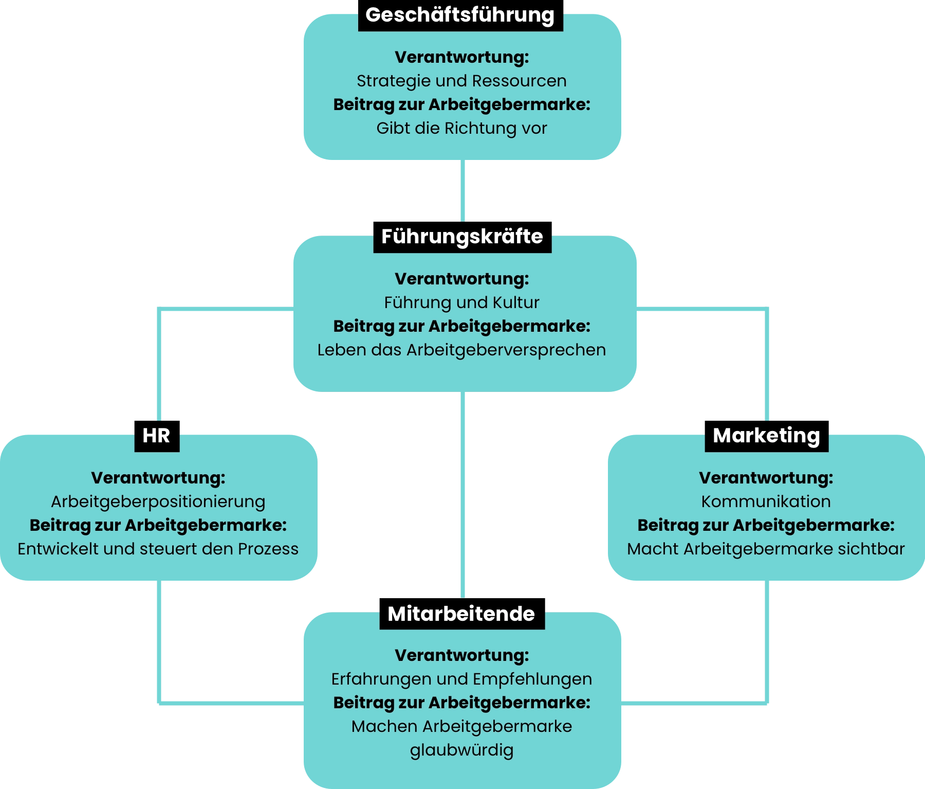 Infografik zu den Verantwortungen im Employer Branding: Geschäftsführung: Verantwortung: Strategie und Ressourcen. Beitrag zur Arbeitgebermarke: Gibt die Richtung vor. Führungskräfte: Verantwortung: Führung und Kultur. Beitrag zur Arbeitgebermarke: Leben das Arbeitgeberversprechen. HR: Verantwortung: Arbeitgeberpositionierung. Beitrag zur Arbeitgebermarke: Entwickelt und steuert den Prozess. Marketing: Verantwortung: Kommunikation. Beitrag zur Arbeitgebermarke: Macht Arbeitgebermarke sichtbar. Mitarbeitende: Verantwortung: Erfahrungen und Empfehlungen. Beitrag zur Arbeitgebermarke: Machen Arbeitgebermarke glaubwürdig.