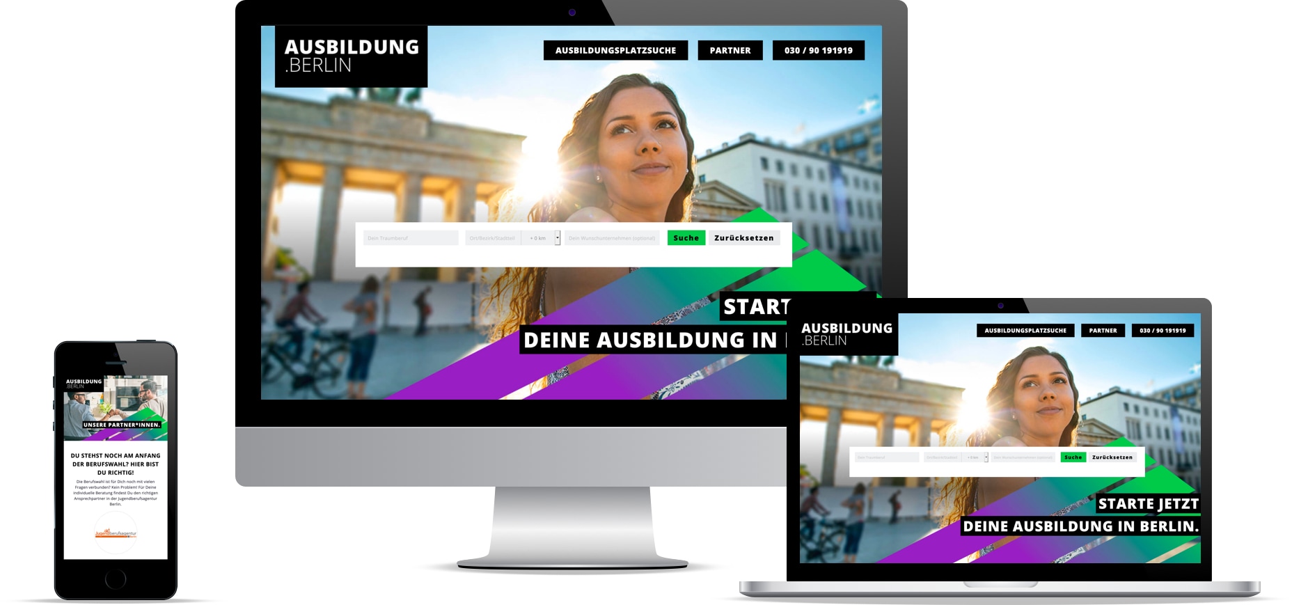 Startscreen des Karriereportals vom Azubiportal Berlin als responsive Darstellung auf dem Handy Laptop und Desktop
