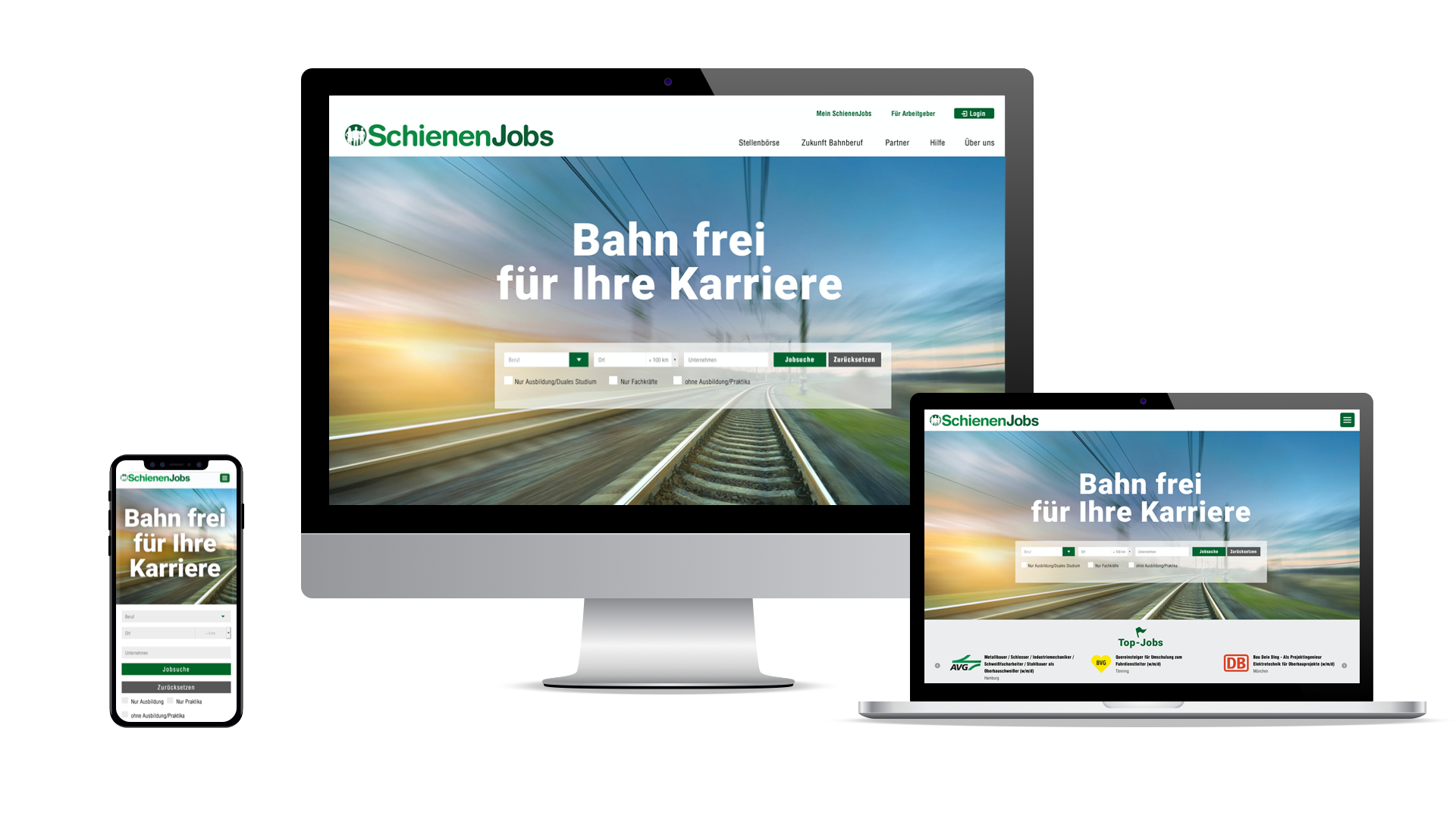 Screens, auf denen die Startseite des Karriereportals SchienenJobs.de zu sehen ist
