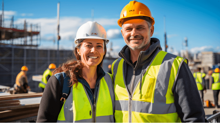 ein Mann und eine Frau auf einer Baustelle in Arbeitsbekleidung