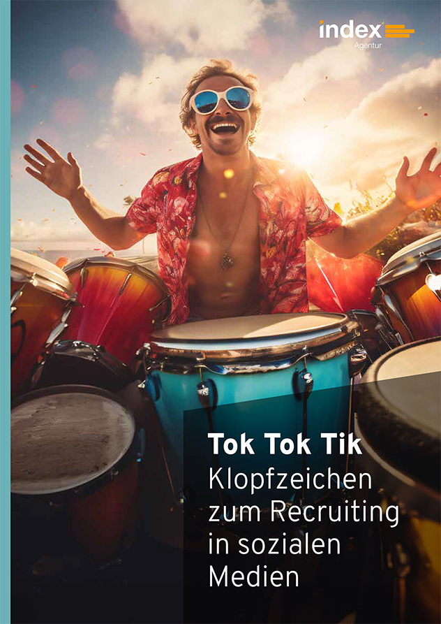 Titelblatt des "Social Media Recruiting"-White Papers mit einem lachenden Trommler und der Aufschrift "Tok Tok Tik: Klopfzeichen zum Recruiting in den sozialen Medien"