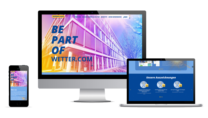 Drei Screens, auf denen die Startseite der Karriere-Website "Be part of wetter.com" zu sehen ist