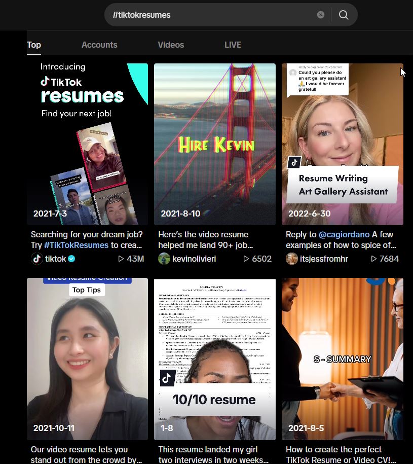 Ein Screenshot der die Suchergebnisse auf TikTok für den Hashtag #TikTokResumes zeigt.