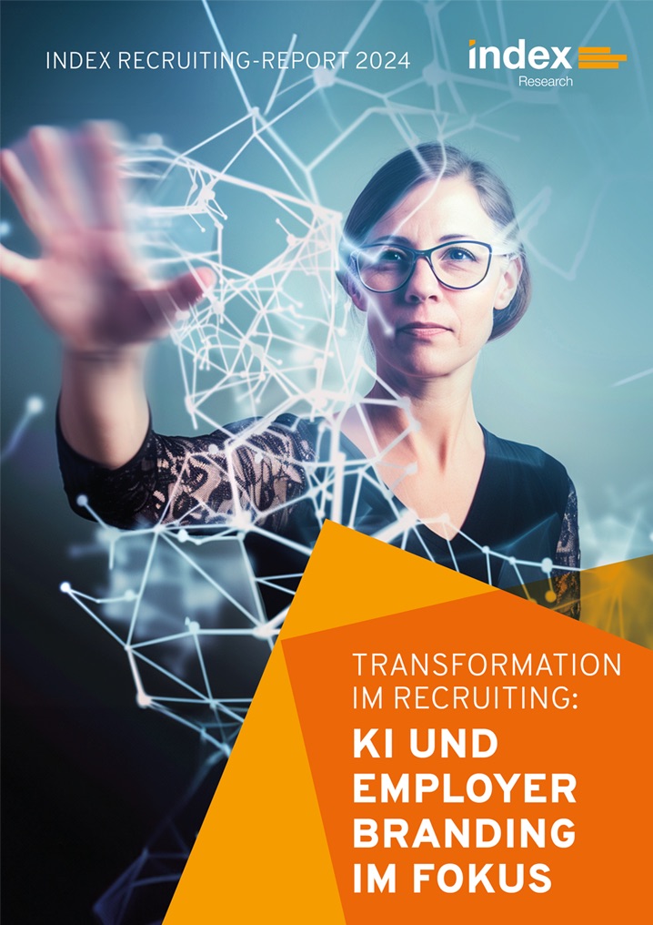 Titelseite des index Recruiting Reports 2024 mit Logo von index Research und der Aufschrift "KI und Employer Branding im Fokus"