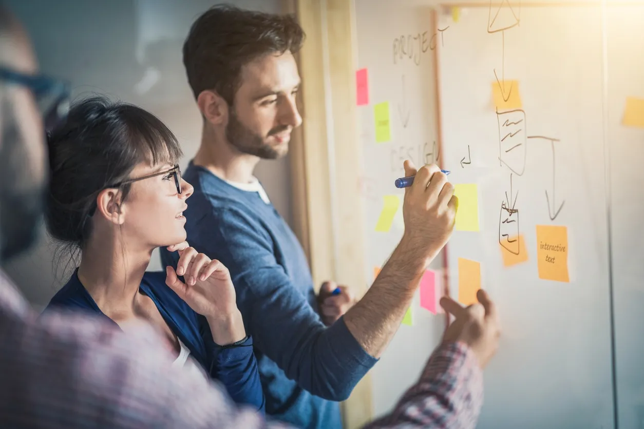 Teamarbeit im Führungskräfte Workshop am Whiteboard Junge Fach- und Führungskräfte arbeiten gemeinsam an einem Whiteboard während eines Führungskräfte Workshops zur Strategieentwicklung.